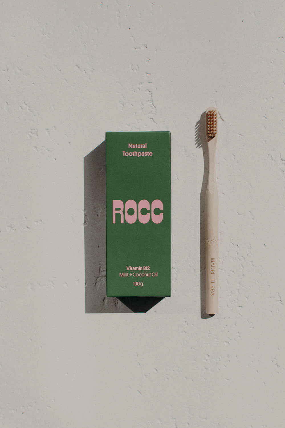 Madre Terra Toothbrush (Beige) and ROCC Toothpaste Set (Vitamin B12 + Coconut Oil)